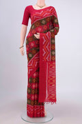 Multi Color Pochampally Cotton Saree with Ikat design on the body and Ikat Border.  displayed on a mannequin