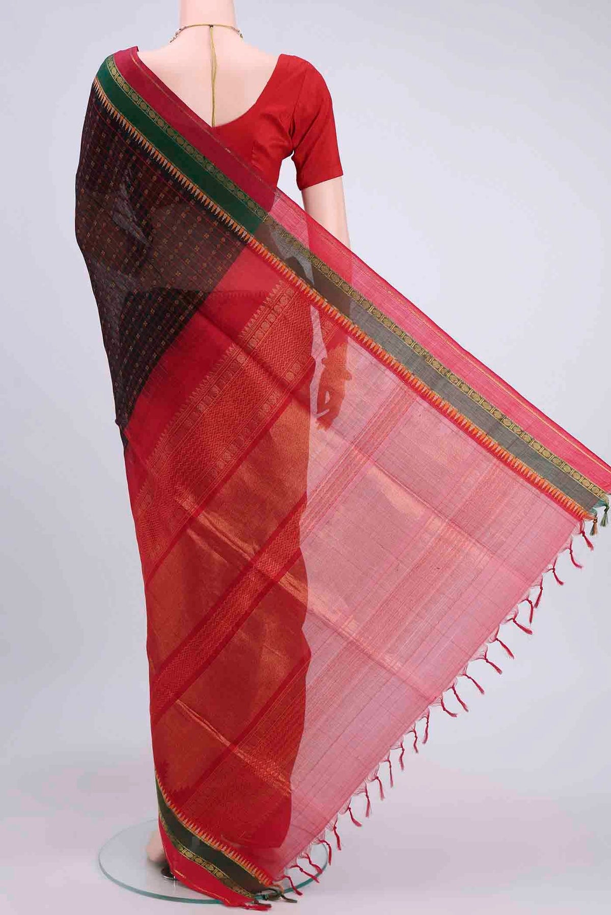 Flat view of Black Blended Coimbatore Silk Cotton Saree with Checked design on the body and Plain Border