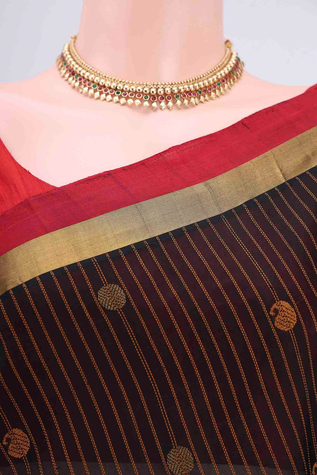 Border image of Black Coimbatore Silk Cotton Saree with Stripes on the body and Plain Border