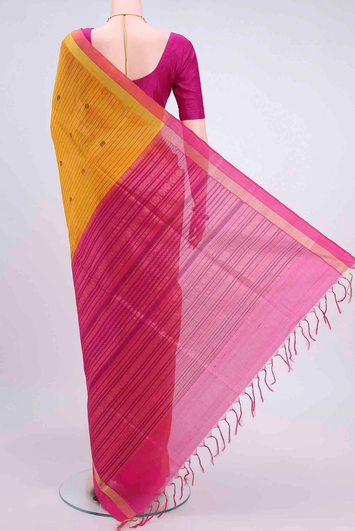 Flat view of Yellow Blended Coimbatore Silk Cotton Saree with Stripes on the body and Plain Border