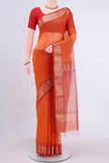 Orange Maheshwari Silk Cotton Saree with Checked design on the body and Zari Border displayed on a mannequin