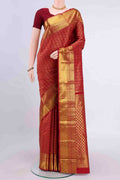 Red Kanchipuram Silk Saree with Zari Brocade on the body and Zari Border displayed on a mannequin
