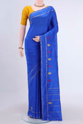 Royal Blue Kanchipuram Silk Saree with Plain Body and Zari And Thread Border displayed on a mannequin