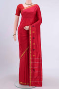 Deep Red Kanchipuram Silk Saree with Plain Body and Zari Border displayed on a mannequin