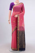 Pink Silk Cotton Saree with Zari Butta on the body and Zari Border.  displayed on a mannequin