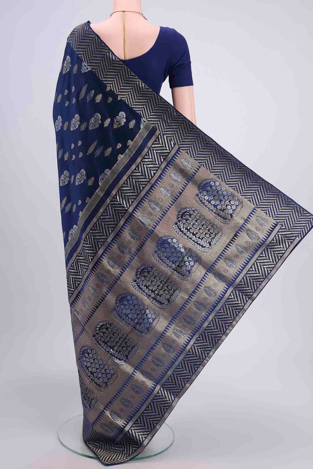 Flat view of Navy Blue Soft Silk Saree with Zari Butta on the body and Zari Border