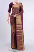 Purple Kanchipuram Silk Saree with Zari Brocade on the body and Zari Border displayed on a mannequin