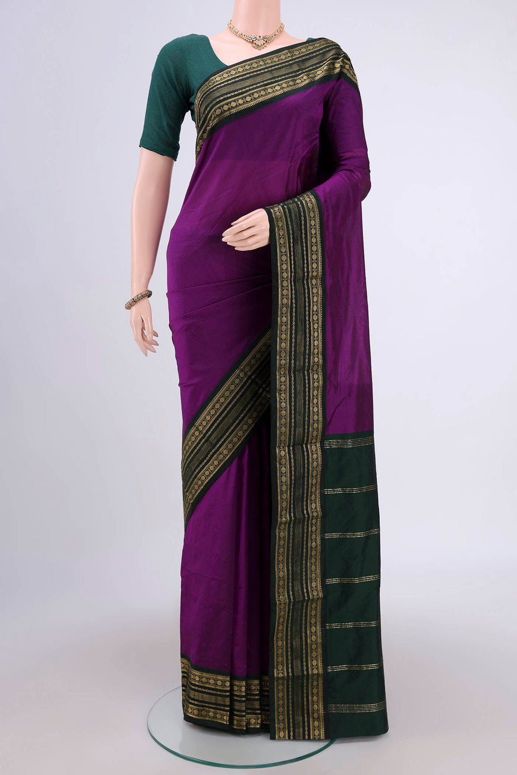 Purple Dual Tone Blended Bangalore Silk Saree with Plain Body and Zari Border.  displayed on a mannequin