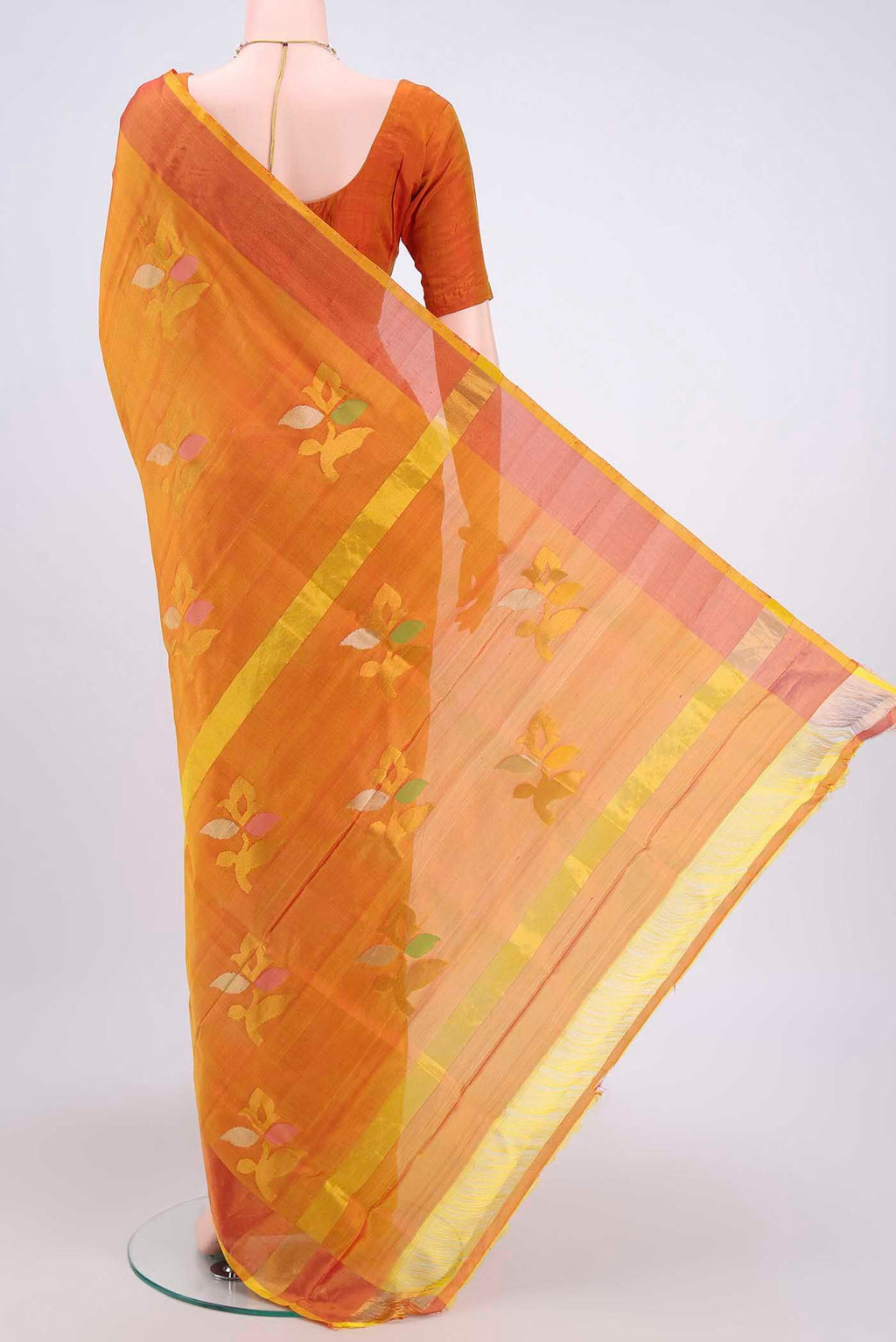 Flat view of Yellow Uppada Silk Saree with Zari Butta on the body and Zari Border. 