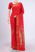 Red Paithani Silk Saree with Zari Butta on the body and Zari Border.  displayed on a mannequin