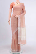 Peach Tussar Silk Saree with Checked design on the body and Plain Border.  displayed on a mannequin