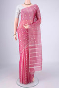 Rose pink MP Tussar Saree with Zari Butta on the body and Thin Zari Line.  displayed on a mannequin