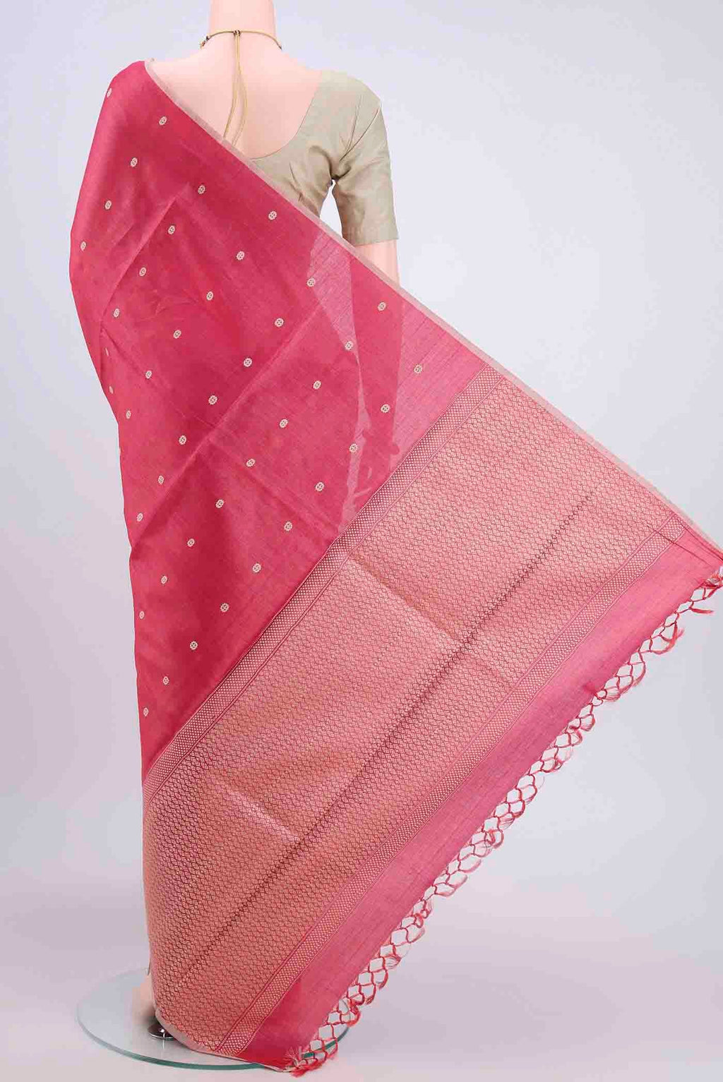 Flat view of Pink Tussar Silk Saree with Thread Butta on the body and Plain Border