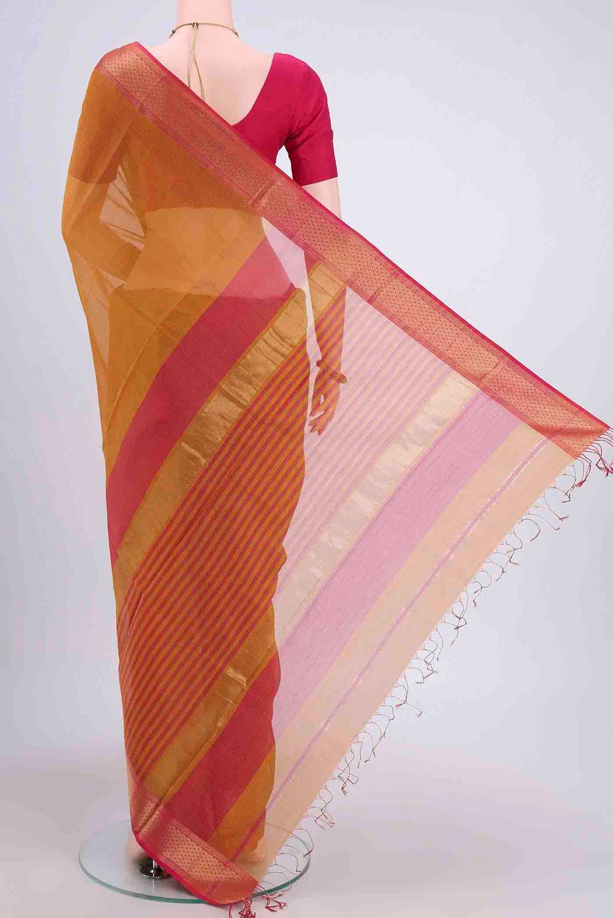 Flat view of Mustard Tussar Silk Saree with Thread Butta on the body and Zari Border. 