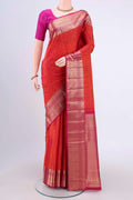 Rust Dual Tone Soft Silk Saree with Jacquard With Zari Butta on the body and Zari Border.  displayed on a mannequin