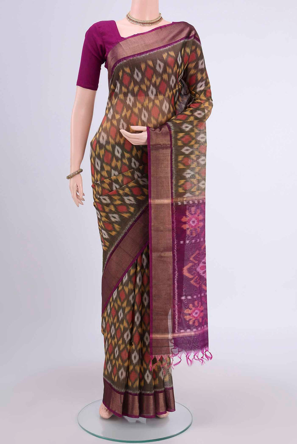 Davys Grey Kora Cotton Saree with Ikat design on the body and Zari Border displayed on a mannequin