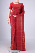 Maroon Kanchipuram Silk Saree with Checked design on the body and Zari Border.  displayed on a mannequin