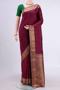 Magenta Dual Tone Nangavalli Silk [ Salem ] Saree with Zari Butta on the body and Zari Border displayed on a mannequin