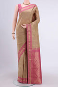 Dark Beige Dual Tone Nangavalli Silk [ Salem ] Saree with Zari Butta on the body and Zari Border displayed on a mannequin
