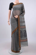 Grey Kanchi Cotton Saree with Stripes on the body and Thread Border.  displayed on a mannequin