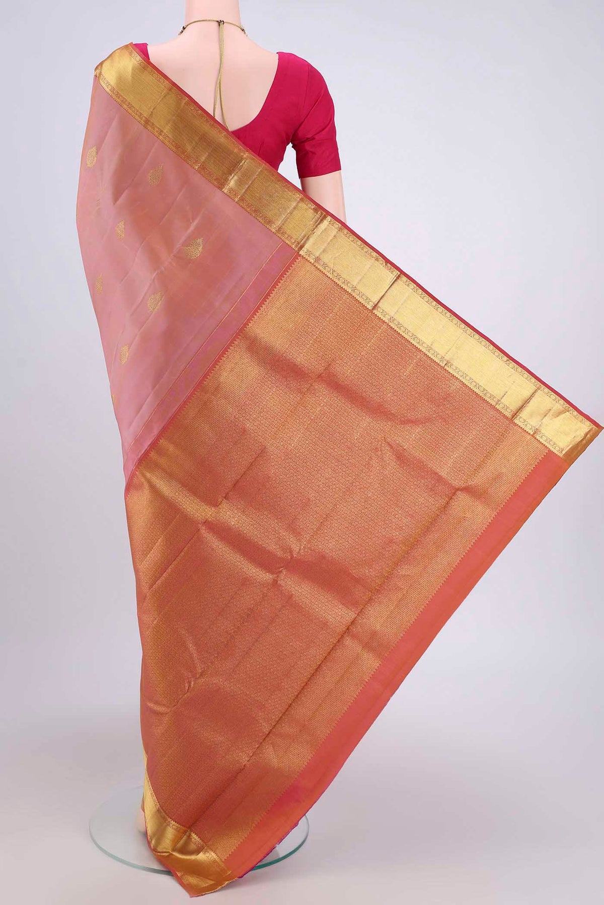 Flat view of Peach Dual Tone Nangavalli Silk [ Salem ] Saree with Zari Butta on the body and Zari Border. 