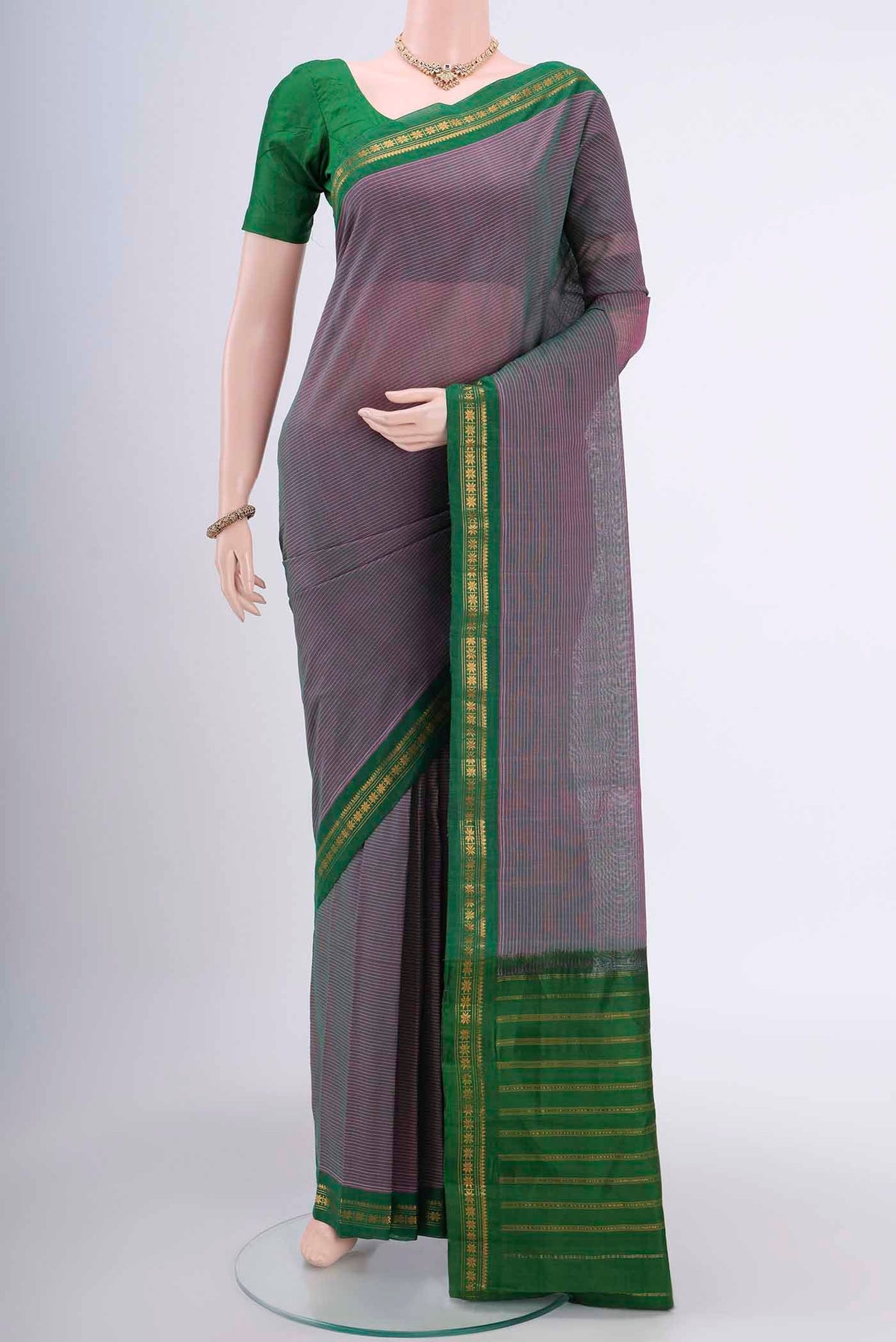 Purple Dual Tone Gadwal cotton Saree with Stripes on the body and Zari Border displayed on a mannequin