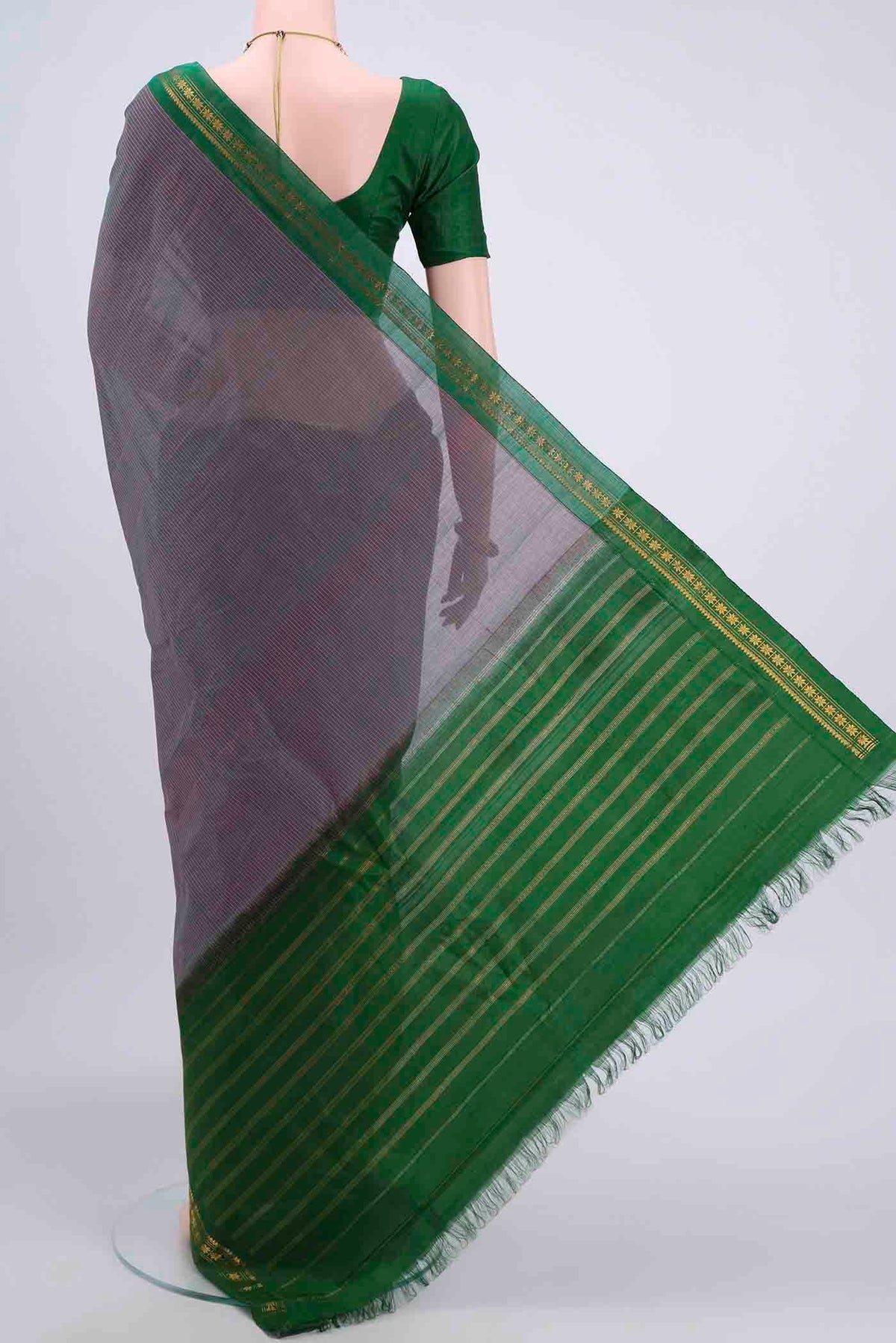 Flat view of Purple Dual Tone Gadwal cotton Saree with Stripes on the body and Zari Border