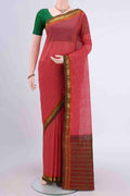 Red Gadwal cotton Saree with Stripes on the body and Zari Border displayed on a mannequin