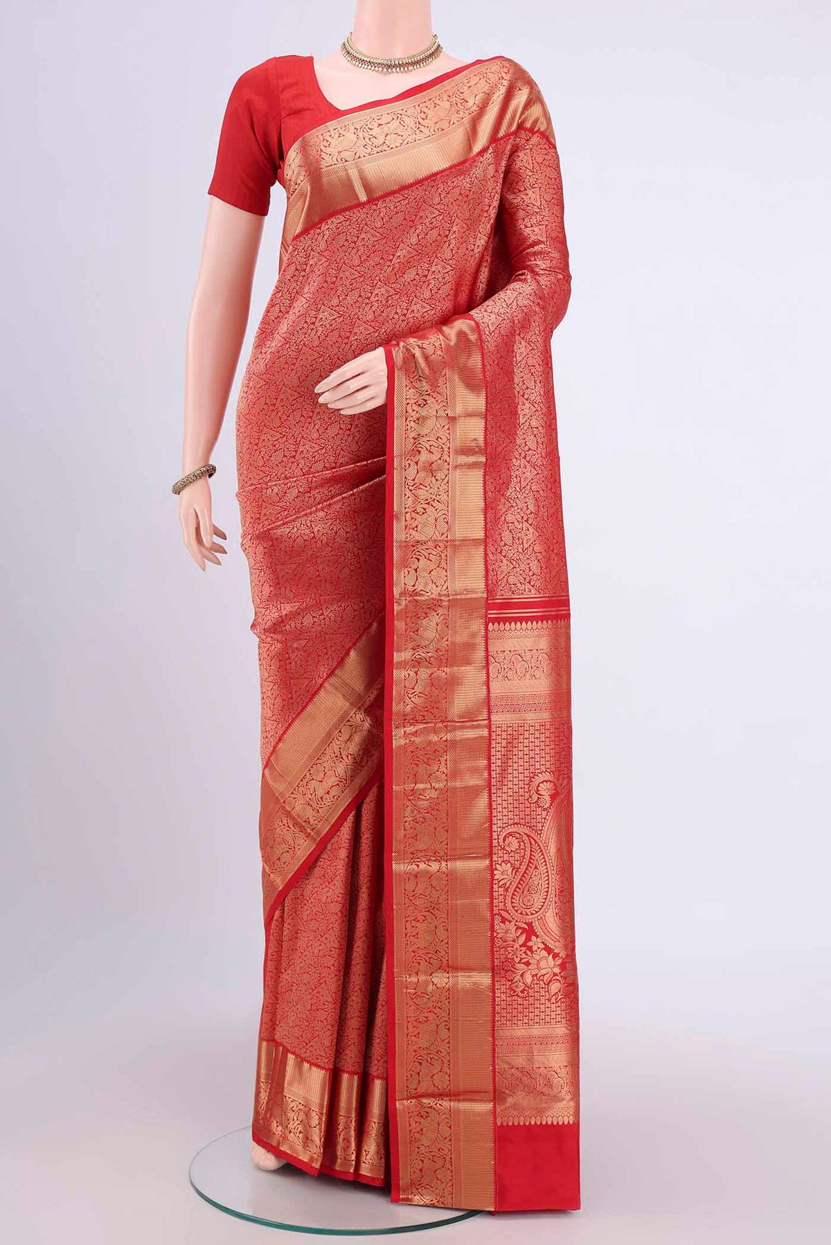 Imperial Red Bangalore Silk Saree with Zari Brocade on the body and Zari Border.  displayed on a mannequin