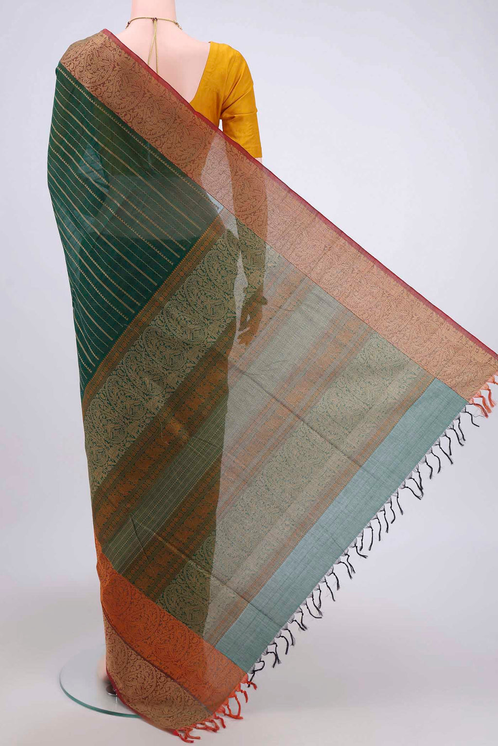 Flat view of Bottle Green Coimbatore Cotton Saree with Stripes on the body and Plain Border. 