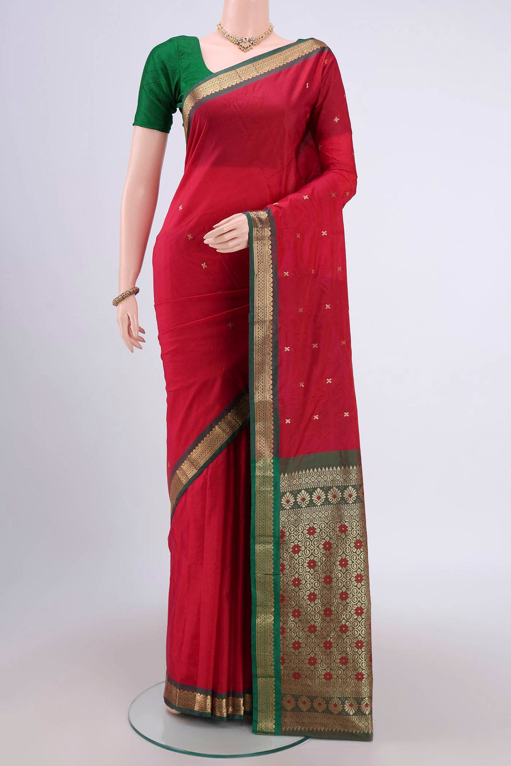Maroon Dual Tone Blended Bangalore Silk Saree with Zari Butta on the body and Zari Border.  displayed on a mannequin