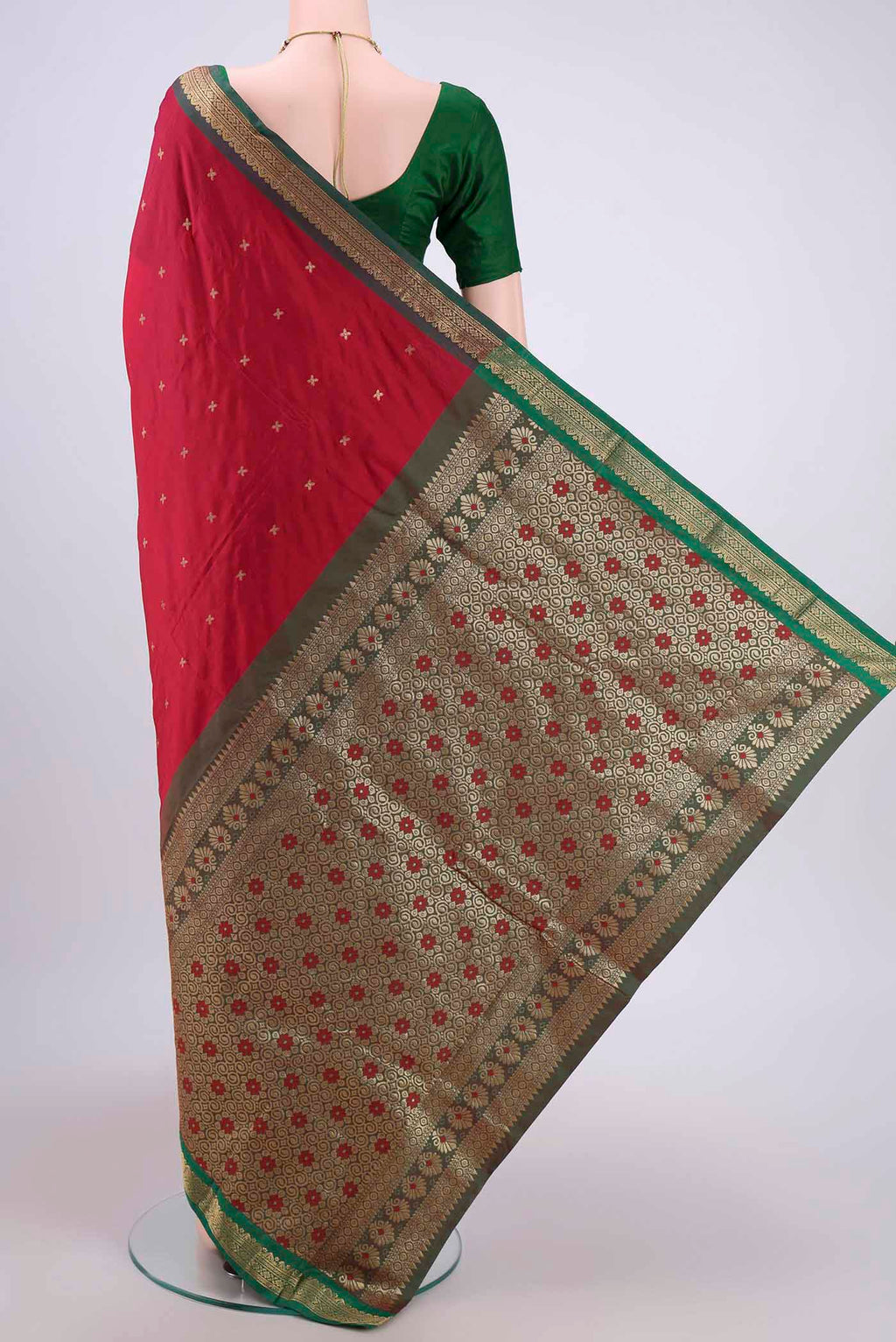 Flat view of Maroon Dual Tone Blended Bangalore Silk Saree with Zari Butta on the body and Zari Border. 
