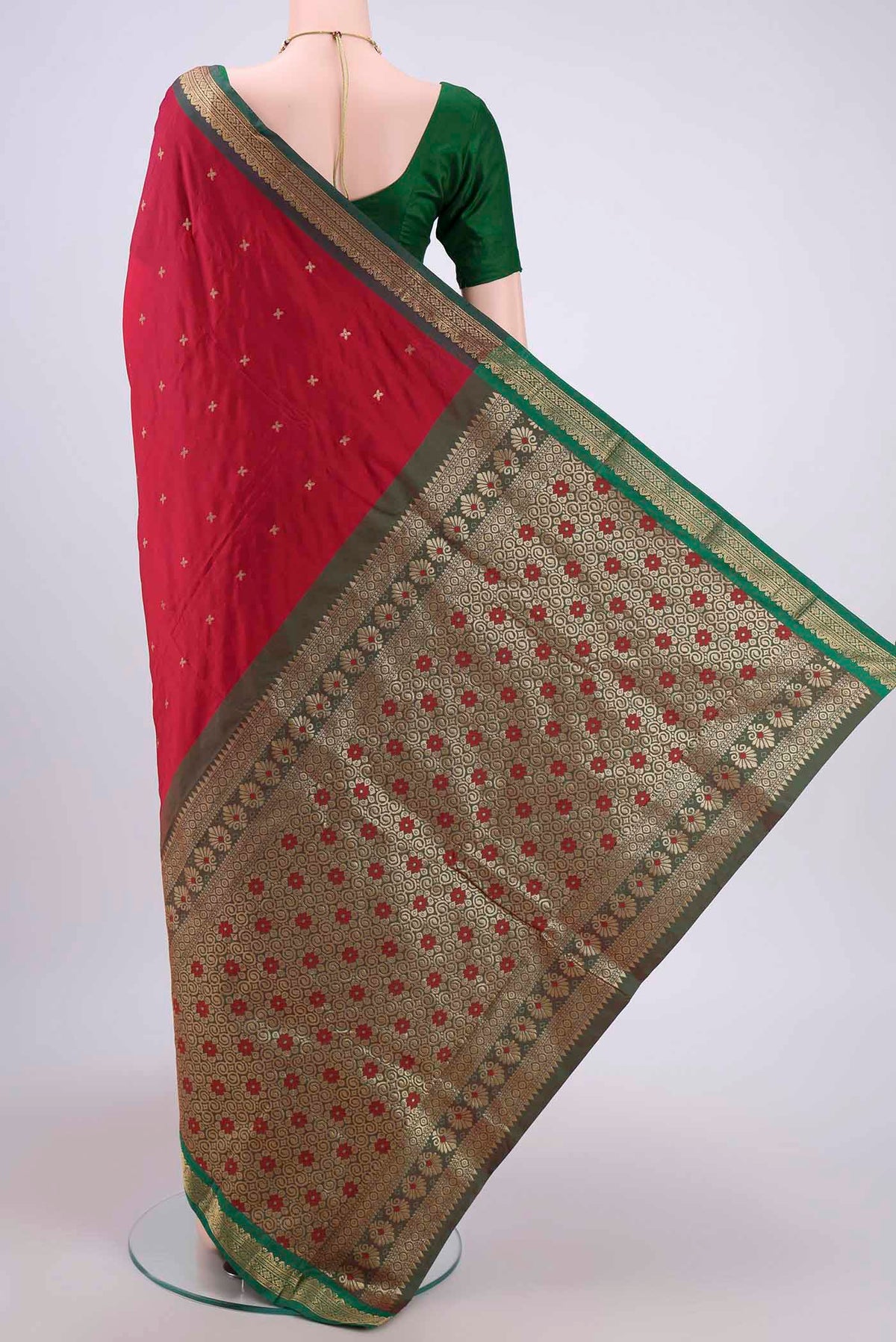 Flat view of Maroon Dual Tone Blended Bangalore Silk Saree with Zari Butta on the body and Zari Border. 