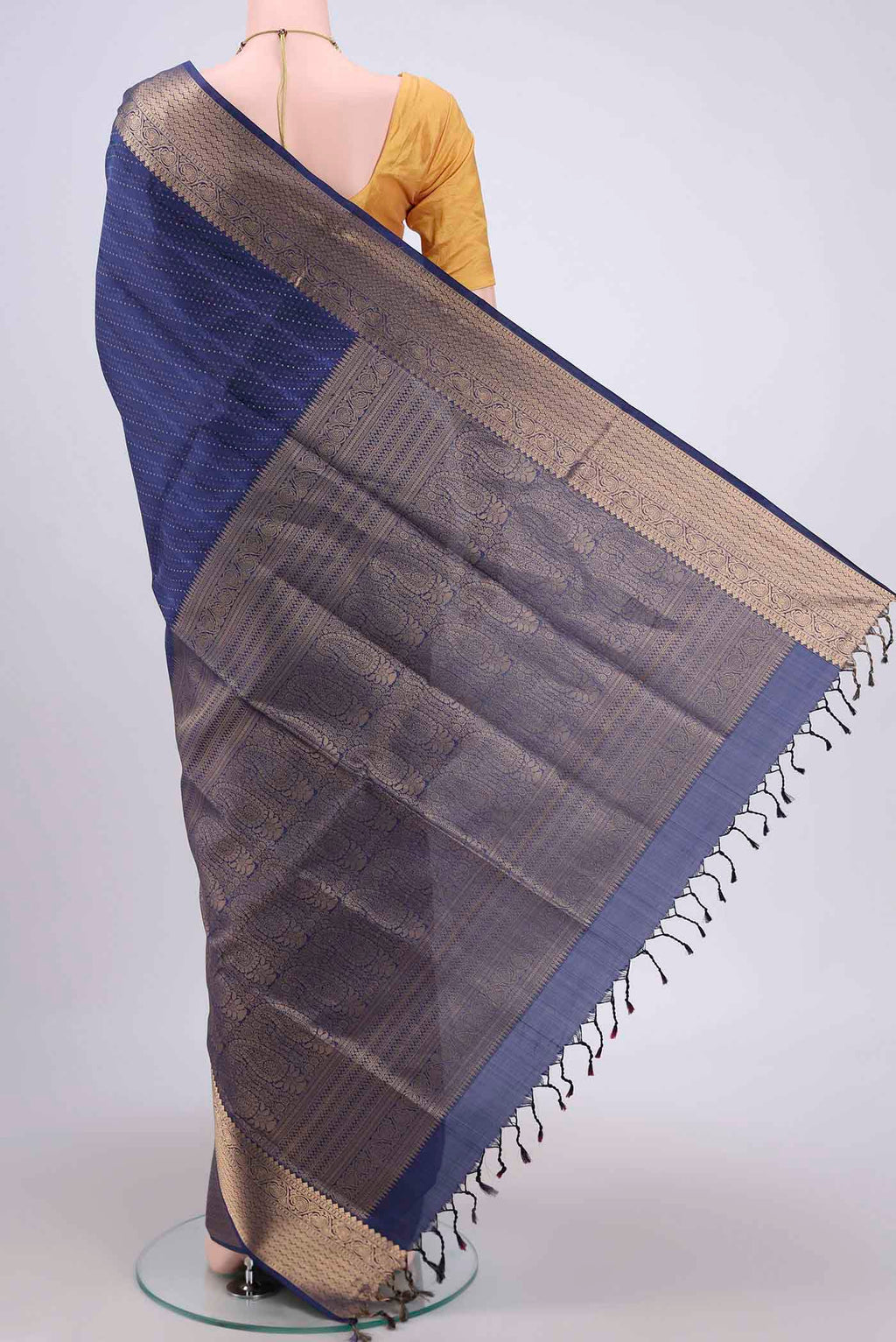 Flat view of Navy Blue Soft Silk Saree with Jacquard With Zari Butta on the body and Zari Border. 