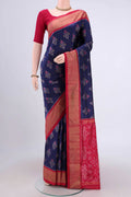 Navy Blue Pochampally Silk Saree with Pure Ikat on the body and Zari Border.  displayed on a mannequin