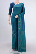 Peacock Blue Dual Tone Kanchipuram Silk Saree with Plain Body and Thread Border.  displayed on a mannequin