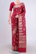 Dark Pink Banarasi Tussar Silk Saree with Zari And Thread Butta on the body and Zari And Thread Border.  displayed on a mannequin
