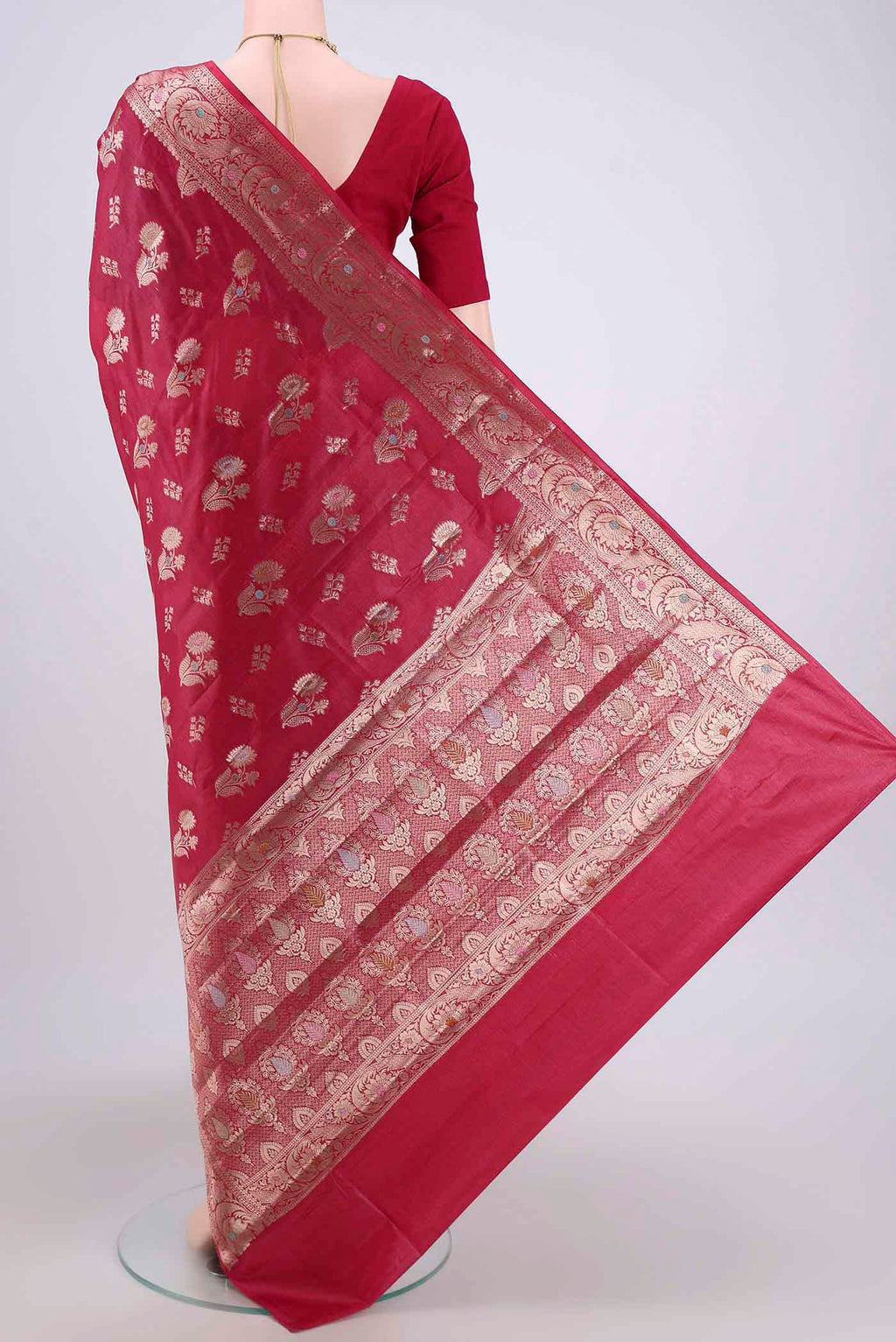 Flat view of Dark Pink Banarasi Tussar Silk Saree with Zari And Thread Butta on the body and Zari And Thread Border. 