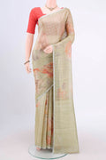 Mehandi Green Linen Cotton Saree with Floral Print on the body and Zari Border.  displayed on a mannequin