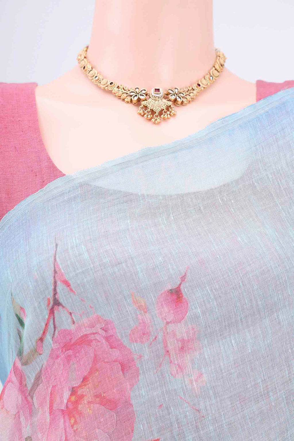 Border image of Mint Green Linen Cotton Saree with Floral Print on the body and Zari Border. 