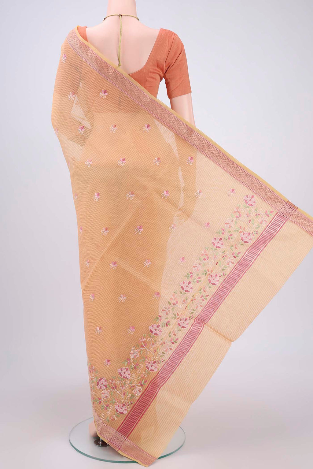 Flat view of Pink Blended Kota Cotton Saree with Embroidery on the body and Embroidery Border. 