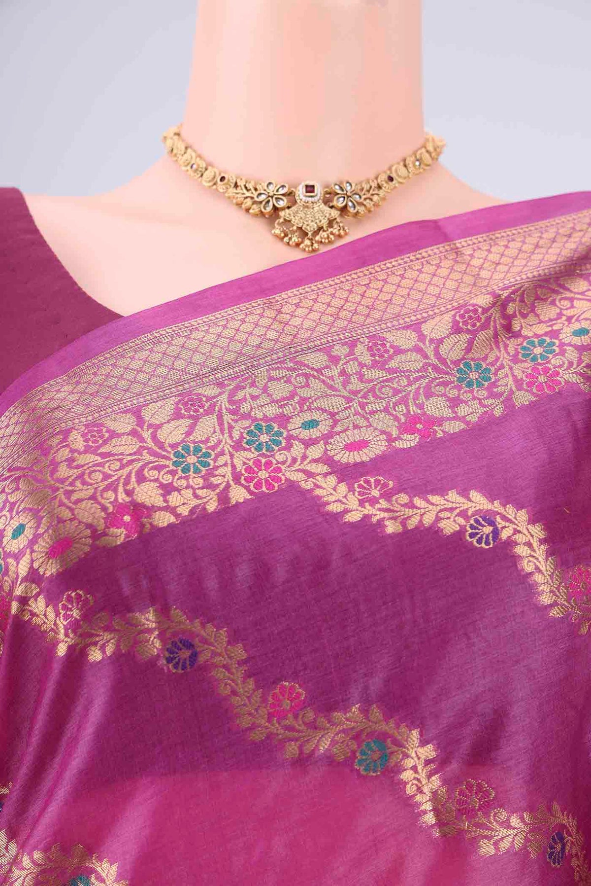 Border image of Magenta Banarasi Tussar Silk Saree with Zari Brocade on the body and Zari And Thread Border. 