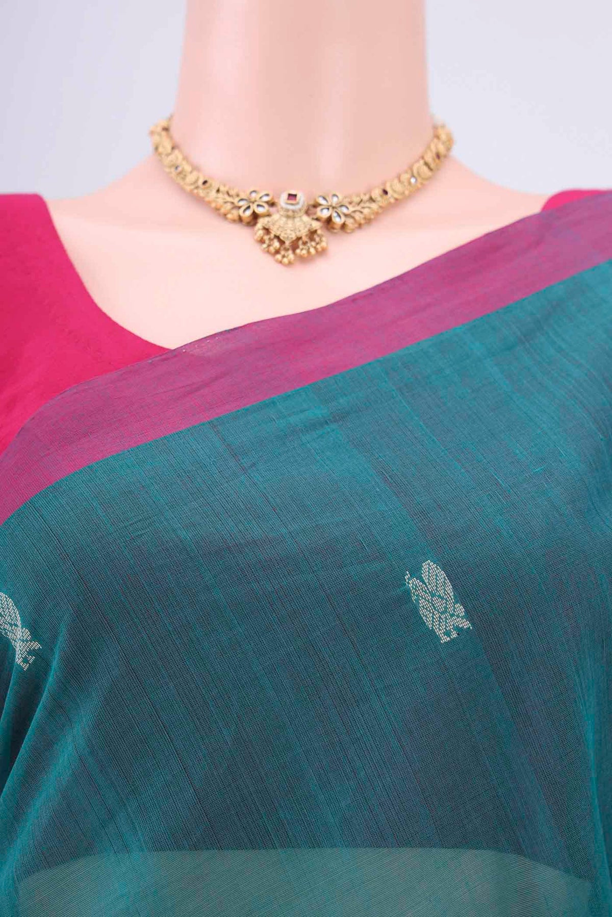 Border image of Sea Green Coimbatore Cotton Saree with Thread Butta on the body and Zari Border. 