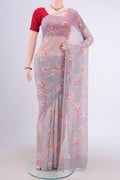 Davys Grey Mysore Chiffon Saree with Floral Print on the body and Without Border.  displayed on a mannequin