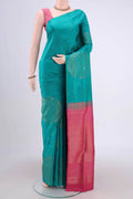 Blue Soft Silk Saree with Zari Butta on the body and Zari Border.  displayed on a mannequin