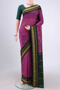 Light Magenta Blended Bangalore Silk Saree with Plain Body and Temple Border.  displayed on a mannequin