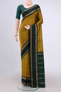 Mehandi Green Bangalore Silk Saree with Plain Body and Zari Border.  displayed on a mannequin