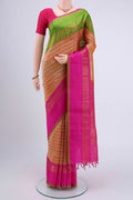 Sandal Blended Coimbatore Silk Cotton Saree with Veldhari on the body and Plain Border.  displayed on a mannequin
