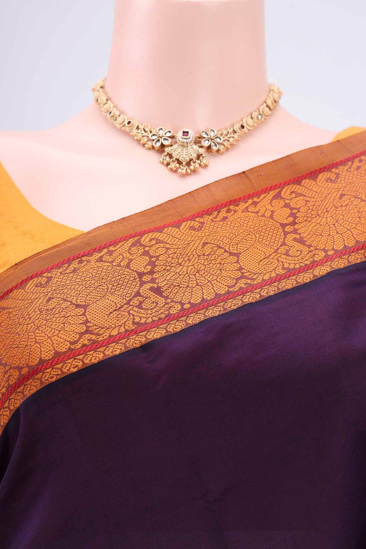 Border image of Burgundy Blended Poly Cotton Saree with Plain Body and Thread Border. 