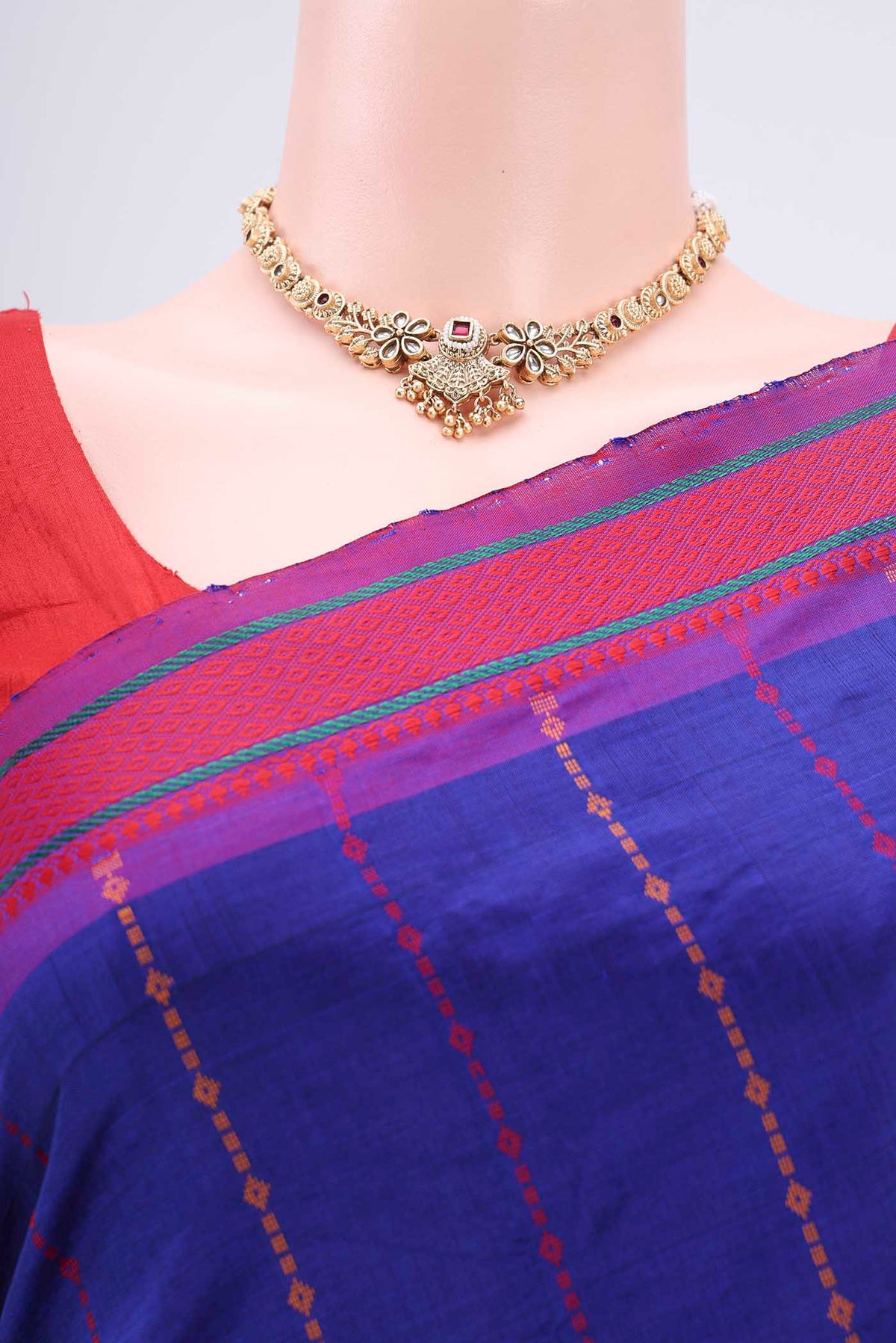 Border image of Navy Blue Blended Poly Cotton Saree with Stripes on the body and Thread Border. 